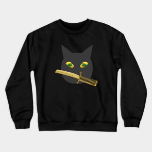 Halloween Ninja Cat. Black Cat with Jack o Lantern Eyes and Sword. (Black Background) Crewneck Sweatshirt